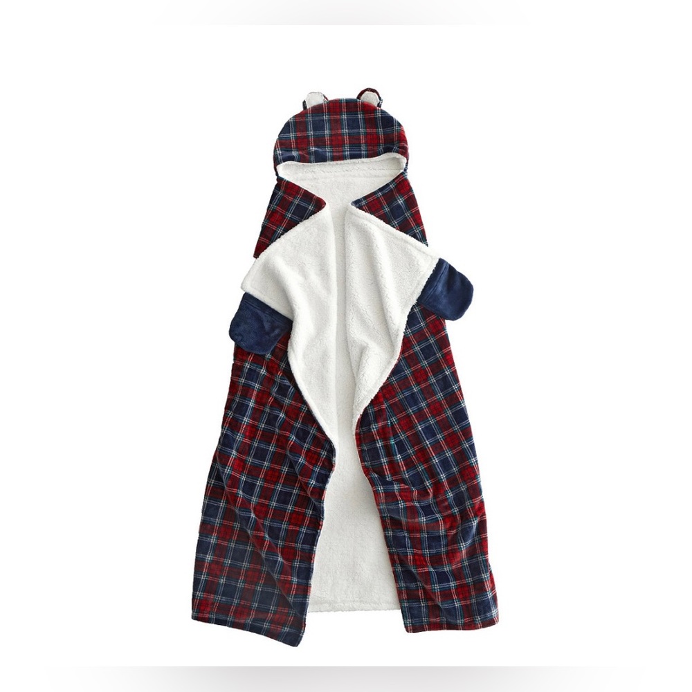 Homespun Holiday Plaid Sherpa Hooded Throw 50” x 60” (Tartan Plaid Navy)